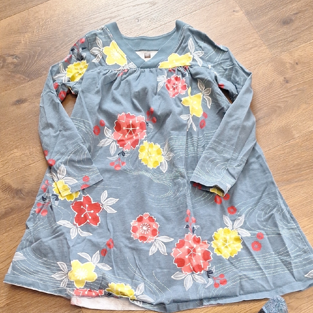 Tea Collection Blue Dress with Red and Yellow Floral Design